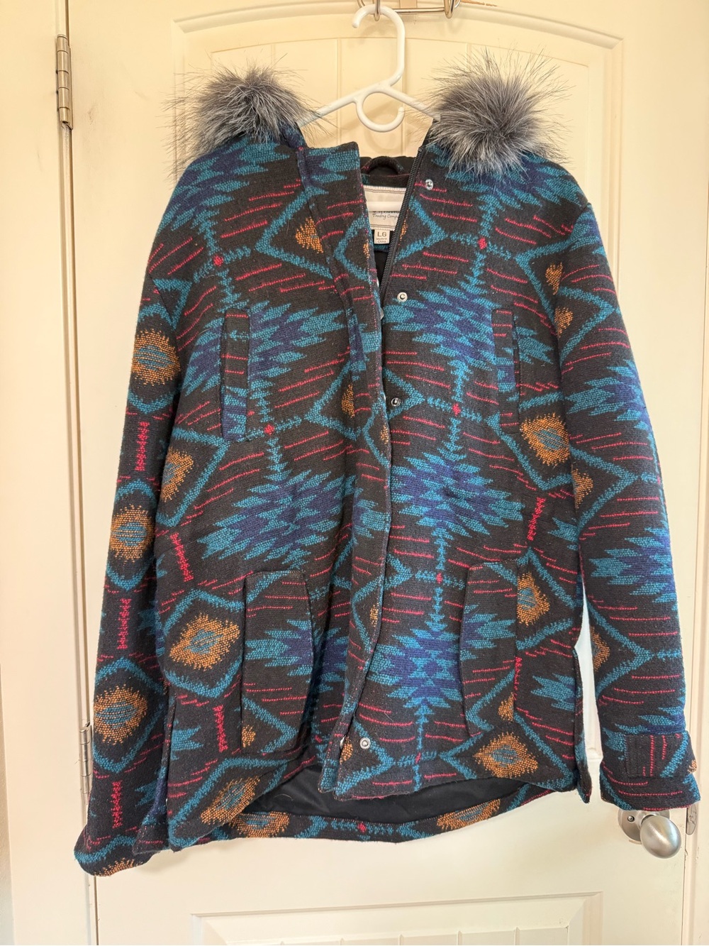 Women's Teal & Charcoal Patterned Hooded Puffer Coat with Faux Fur Trim
